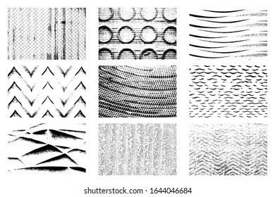 Set of grid, wave, circles, rings, herrinbones and check marks textures. Grunge overlay backgrounds colletction. Distress black and white backdrop bundle. EPS10 vector.