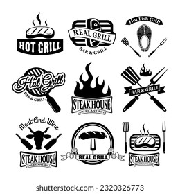 Set of grill bar labels, logos and badges templates. Steak house label. Grill restaurant label and design elements. beef, grilled salmon, steak, bbq labels.