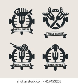 Set grill bar labels, logos. Label Steakhouse. The grill restaurant labels and design elements. Sausages grilled, fish grilled vegetables grilled mushrooms, grilled lamb.