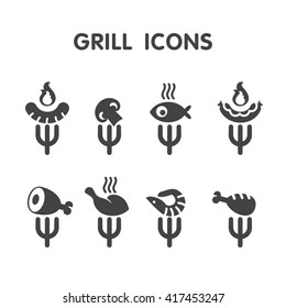 Set grill bar labels, logos. Label Steakhouse. The grill restaurant labels and design elements. Chicken, sausage, pork, vegetables, shrimp on the grill.