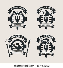 Set grill bar labels, logos. Label Steakhouse. The grill restaurant labels and design elements. Chicken, sausage, pork, shrimp on the grill.