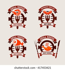 Set grill bar labels, logos. Label Steakhouse. The grill restaurant labels and design elements. Pork, shrimp, sausage, grilled chicken.