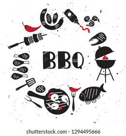 Set of grill & barbecue elements. Food menu concept, restaurant design: text, fork, pepper, texture, meat, bbq, shrimps, sauce, ketchup, sausage, fish, lemon, chicken, kebab.