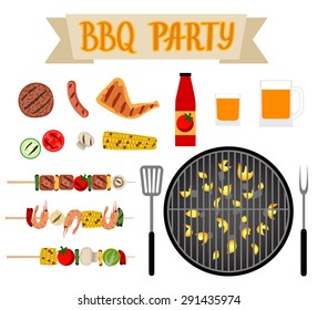 Set with grill and barbecue food. BBQ party