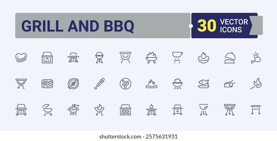 Set of Grill And Bbq line icons. Related to gas, smoke, ribs, sausage, hot and more. Perfect for logos and infographics. Editable stroke. Vector illustration.