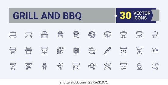 Set of Grill And Bbq line icons. Related to gas, smoke, ribs, sausage, hot and more. Perfect for logos and infographics. Editable stroke. Vector illustration.