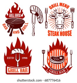 Set of Grill emblems and labels. Steakhouse. Design elements for logo, label, emblem, sign. Vector illustration