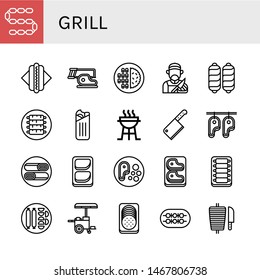 Set of grill icons such as Sausage, Hot dog, Steak, Meat, Butcher, Ribs, Shawarma, Charcoal grill, Cleaver, Chicken breast, Shish kebab , grill