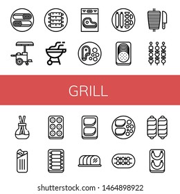 Set of grill icons such as Shawarma, Hot dog, Ribs, Bbq, Steak, Sausage, Shish kebab, Scent, Meatball, Chicken breast, Tenderloin , grill