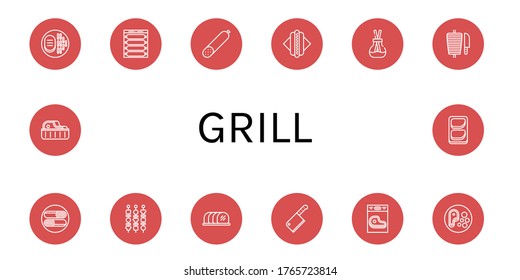 Set of grill icons. Such as Steak, Sausage, Smoked sausage, Hot dog, Scent, Shawarma, Shish kebab, Tenderloin, Cleaver, Chicken breast , grill icons