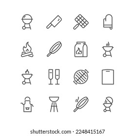 Set of grill and related icons, charcoal, bonfire, grill utensils and linear variety vectors.