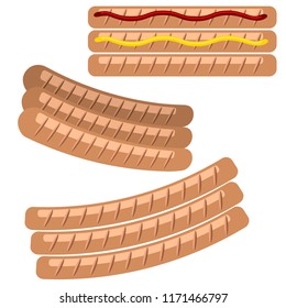 Set of Grill Sausages with Ketchup and Mustard Isolated on White Background