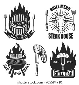 Set of grill, steak house emblems. Grilled meat. Design elements for logo, label, emblem, sign. Vector illustration