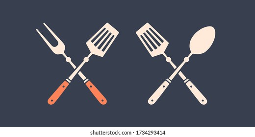 Set of grill tools. Silhouette two bbq tools, grill fork, spatula. Logo template for meat business - farmer shop, market or design - label, banner, sticker - for grill, bbq. Vector Illustration