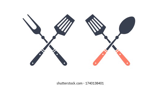 Set of grill tools. Silhouette two bbq tools, grill fork, kitchen spatula. Logo template for meat business - farmer shop, market or design - label, banner, sticker, for grill, bbq. Vector Illustration