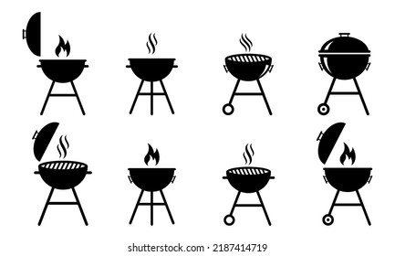 Set of grill vector icons. BBQ with lattice. Barbecue with cover and smoke. Black silhouette BBQ grill. Cook on backyard.