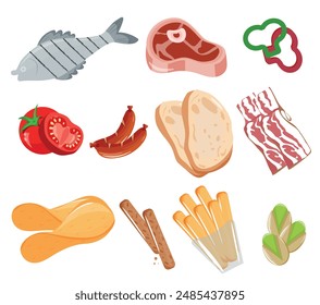 set of grillable food icons and various snacks, namely sausages, potato chips, croutons, steak, vegetables, fish and toast, for designs, posters or packaging