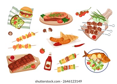 Set of grilled BBQ food design elements Sausages, meat skewers, steak, fish and shrimp, burger, vegetables grill. Summer picnic, party meal, barbeque set for menu, posters, banner Vector illustrations