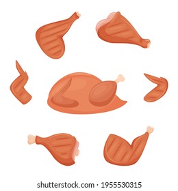 A set of grilled chicken ingredients. Cooked fried chicken breast, leg, wing, shin. A whole chicken. Meat food. A product of animal origin. A flat, cartoon-like vector illustration isolated on white