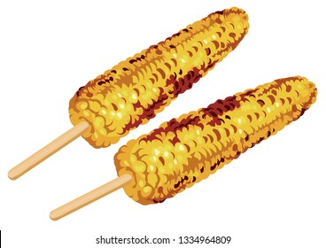 Set Of Grilled Corn On The Cob Isolated On A White Background, Vector Illustration.