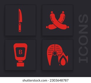 Set Grilled fish steak and fire flame, Knife, Crossed sausage and Sauce bottle icon. Vector
