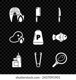 Set Grilled fish steak and fire flame, Meat chopper, Knife, Sauce bottle, tongs, Steak meat in frying pan,  and Pepper icon. Vector