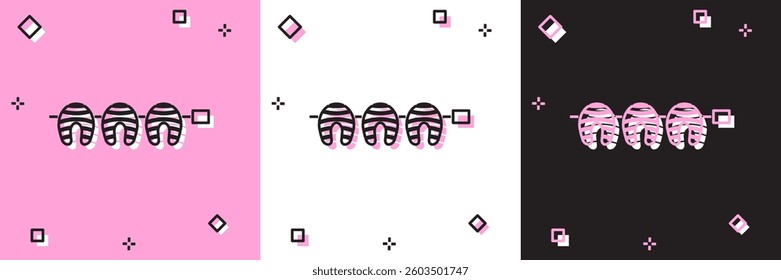 Set Grilled fish steak icon isolated on pink and white, black background.  Vector