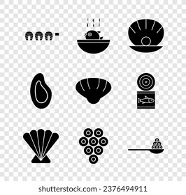 Set Grilltes Fischsteak, Puffer Suppe, Shell mit Perle, Scallop-Muschel, Caviar, auf Löffel, Mussel und Ikone. Vektorgrafik