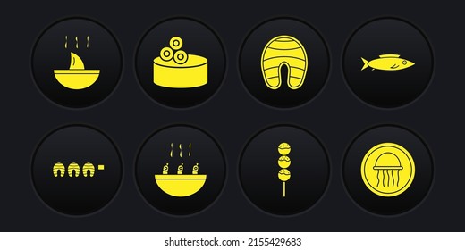 Set Grilled fish steak, Fish, Soup with shrimps, Takoyaki on stick, Tin can caviar, Jellyfish plate and Shark fin soup icon. Vector