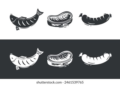 Set of Grilled Food. Fish, Steak, Sausage. Handmade. Hand drawing. Not AI. Black and white Vector illustration.