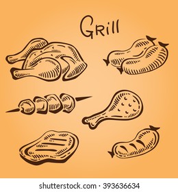 Set of grilled food. Grill objects. Food icon. Meat illustration. Retro style