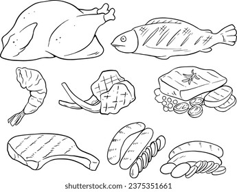 Set grilled food, meat on bone,  Grilled fish, grilled chicken, Steamed shrimp, beef steak, sausage. illustration, line vector set 