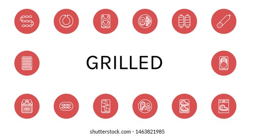 Set of grilled icons such as Sausage, Steak, Smoked sausage, Chicken leg, Shish kebab, Chicken wings, Bacon , grilled