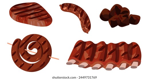 A set of grilled meat products. Isolated juicy beef or pork meat with strips from the grill. A ready-made dish for a restaurant, a menu for a cafe, a banner with a place to copy on a white background