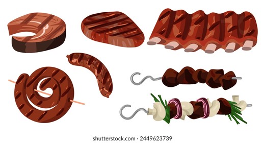 Set of grilled meat products. Sliced strips of juicy beef or pork meat, grilled, grilled shish kebab. A ready-made dish for a restaurant, a menu for a cafe, a banner with a place to copy on a white