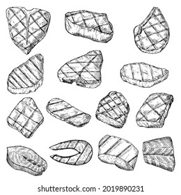 Carnes a la parrilla, filetes de pescado y filete de pescado. Ilustración vectorial. Objetos aislados en blanco. Estilo dibujado a mano.