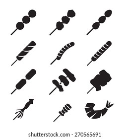 Set grilled menu , isolated silhouette vector icon , meatballs, beef, pork, egg, sausage ,sour pork, BBQ, squid, shrimp