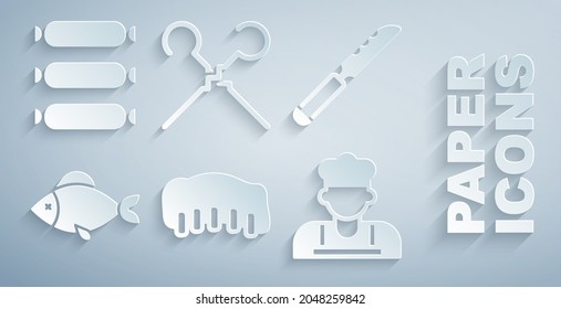 Set Grilled pork bbq ribs, Bread knife, Fish, Cook, BBQ skewers and Sausage icon. Vector