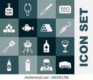 Set Grilled pork bbq ribs, Wine glass, shish kebab, Bread knife, Fish, Campfire, Cutting board and Wooden logs icon. Vector