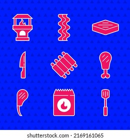Set Grilled pork bbq ribs, Barbecue coal bag, spatula, Chicken leg, Rib eye steak, knife, Steak meat and Brick stove icon. Vector
