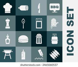 Set Grilled pork bbq ribs, Propane gas tank, Oven glove, Barbecue knife, Burning match with fire, Pepper, Chef hat and Matchbox and matches icon. Vector