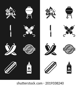 Set Grilled shish kebab, Barbecue knife, Crossed fork and spatula, grill, hot chili pepper pod, with sausage, Ketchup bottle and Hotdog sandwich icon. Vector