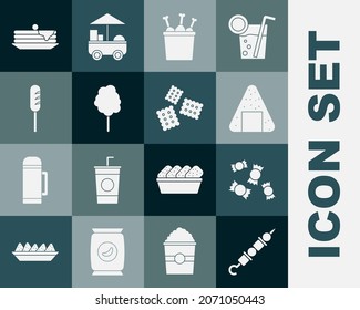 Set Grilled shish kebab, Candy, Onigiri, Chicken leg in package box, Cotton candy, Fried sausage, Stack of pancakes and Cracker biscuit icon. Vector