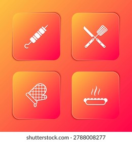 Set Grilled shish kebab, Crossed knife and spatula, Oven glove and Hotdog sandwich icon. Vector