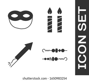 Set Grilled shish kebab, Festive mask , Firework rocket  and Birthday cake candles  icon. Vector