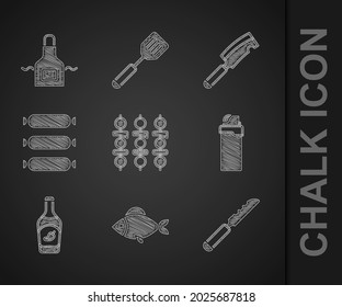 Set Grilled shish kebab, Fish, Bread knife, Lighter, Ketchup bottle, Sausage, Meat chopper and Kitchen apron icon. Vector