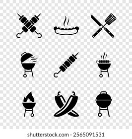 Set Grilled shish kebab, Hotdog sandwich, Crossed knife spatula, Barbecue grill, hot chili pepper pod,  and  icon. Vector