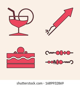 Set Grilled shish kebab, Martini glass , Firework rocket  and Cake  icon. Vector