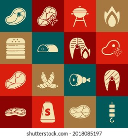 Set Grilled shish kebab on skewer stick, Fish steak, Fresh frozen meat, Barbecue grill, Meat, Burger, Steak and fish and fire flame icon. Vector