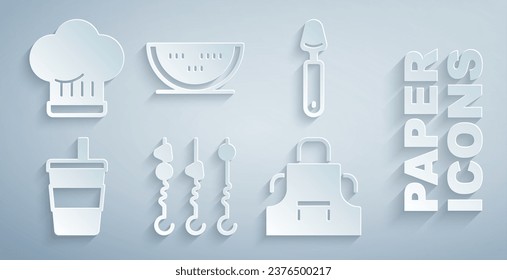 Set Grilled shish kebab on skewer, Spoon, Paper glass with water, Kitchen apron, Watermelon and Chef hat icon. Vector